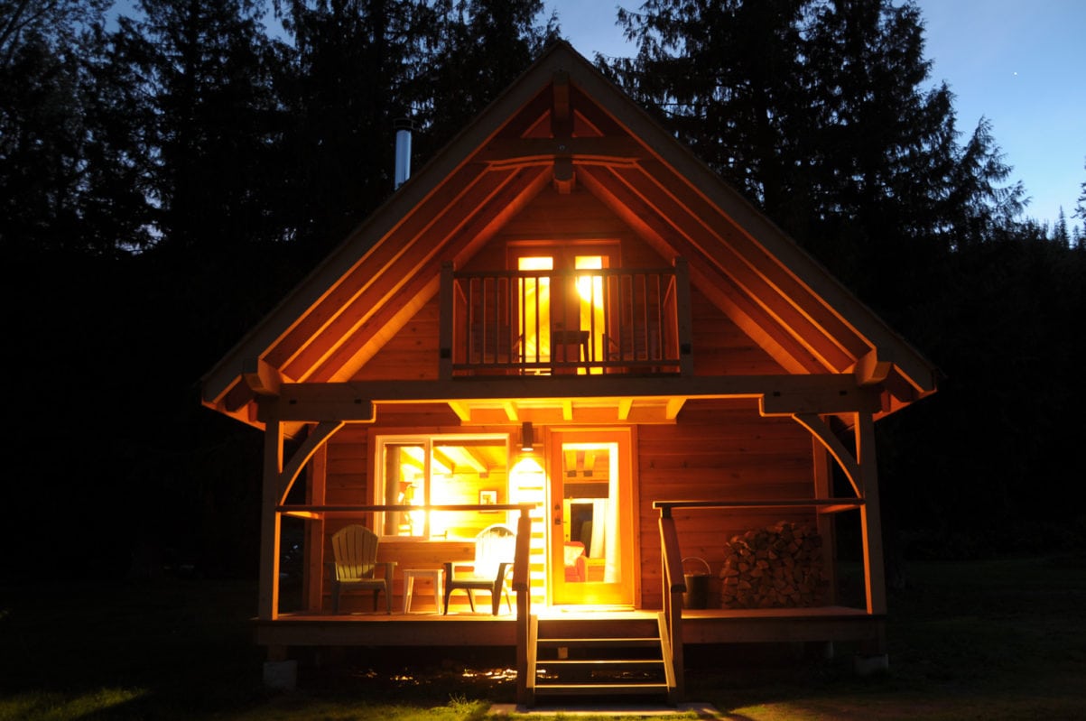 Whitewater Cabin at night at Wild Bear Lodge